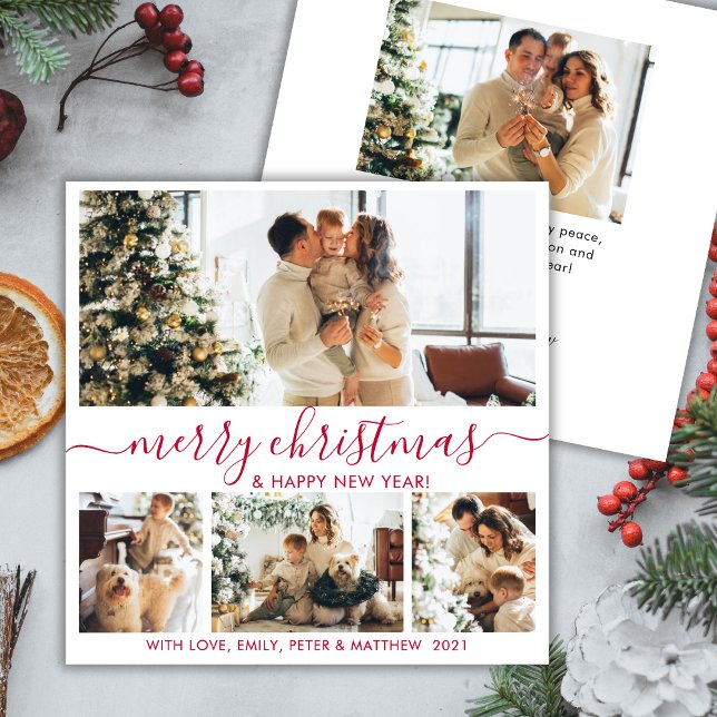 Cartão De Festividades Elegante White Red 4 Photo Collage Holida de Natal (Criador carregado)