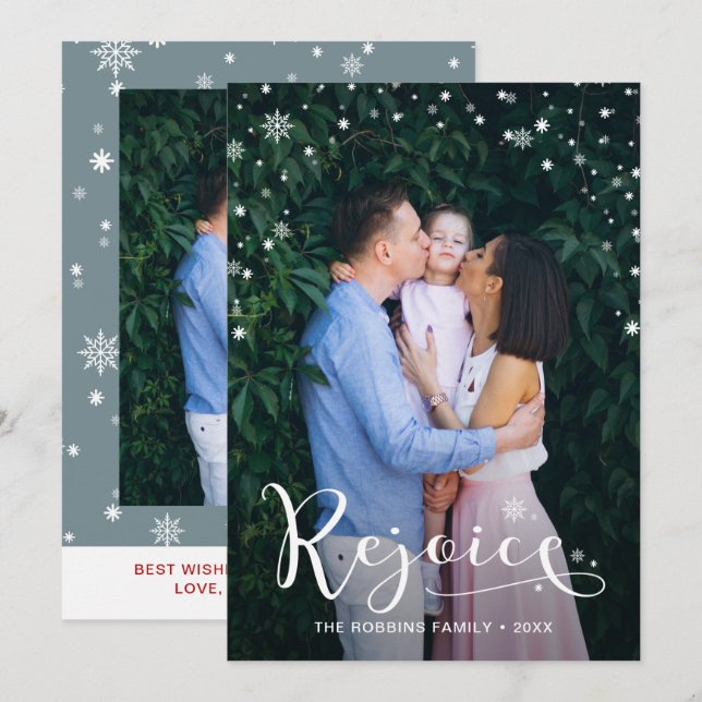 Cartão De Festividades Elegante White Script Rejoice Snowflakes 2 Foto (Frente/Verso)