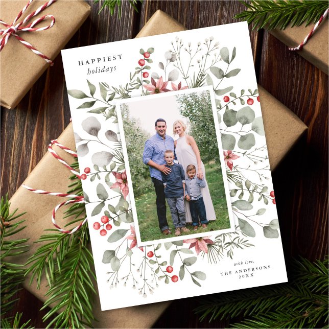 Cartão De Festividades Elegante White Winter Watercolor Foto Greenery (Criador carregado)