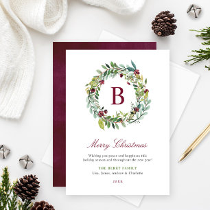 Cartão De Festividades Elegante Winter Greenery Burgundy Monograma Wreath
