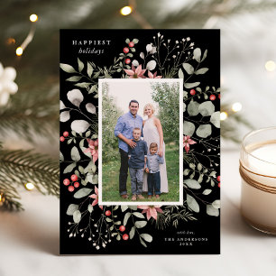 Cartão De Festividades Elegante Winter Watercolor Greenery Black Foto