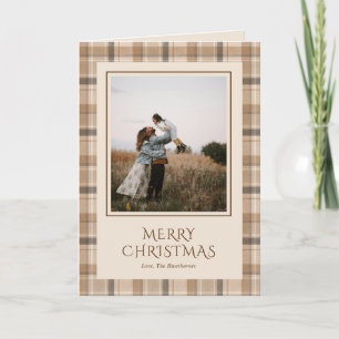 Cartão De Festividades Elegante Xadrez de Tartan Neutro Foto Natal