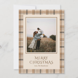 Cartão De Festividades Elegante Xadrez de Tartan Neutro Foto Natal