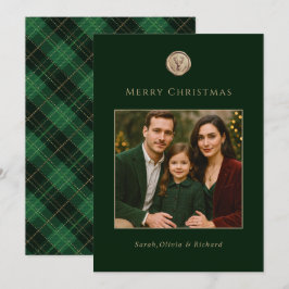 Cartão De Festividades Elegante Xadrez Verde Família Foto Natal