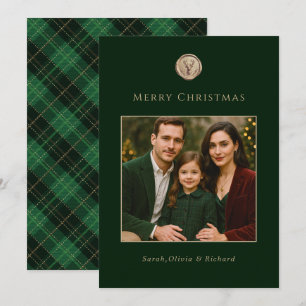 Cartão De Festividades Elegante Xadrez Verde Família Foto Natal