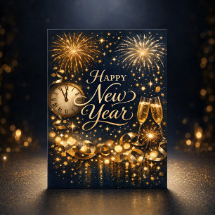 Cartão De Festividades Elegantes Fogos de Ouro à Meia-Noite Feliz Ano Nov