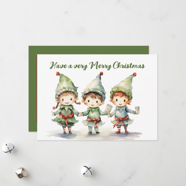 Cartão De Festividades elfo de Natal aquarela adicionar texto (Frente/Verso In Situ)