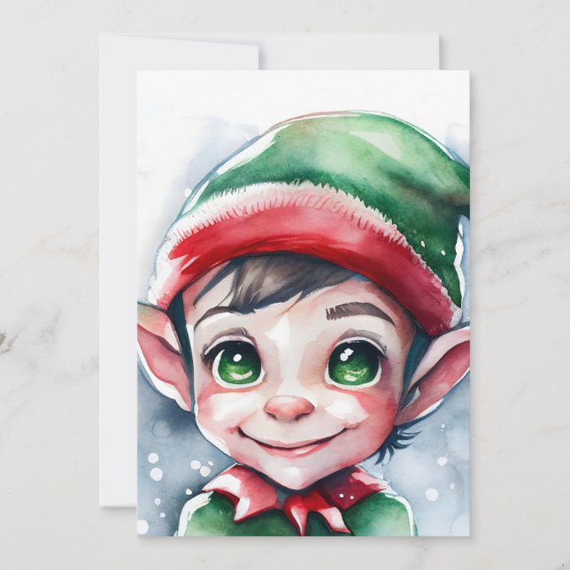 Cartão De Festividades Elfo de Natal em Aquarela Adorável com Orelhas Com (Frente)