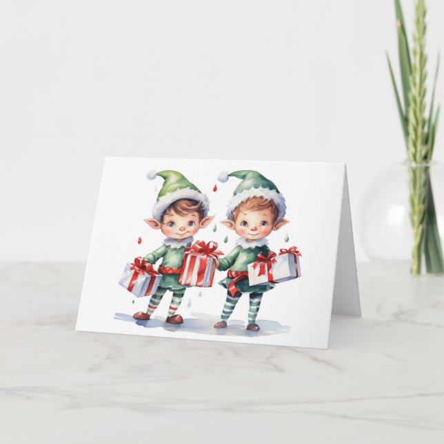 Cartão De Festividades Elfos de Natal com Aquarela com presentes (Frente)