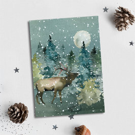Cartão De Festividades Elk na Floresta com Lua Cheia e Neve Aquarela