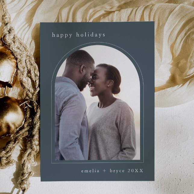 Cartão De Festividades EMELIA Azul Feliz Natal Foto de Família Fofo  (EMELIA Blue Happy Holidays Cute Family Photo Holiday Card)