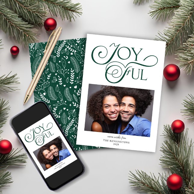 Cartão De Festividades Emerald Green Pattern Foto de Natal alegre (Emerald Green Pattern Joyful Christmas Photo Holiday Card)