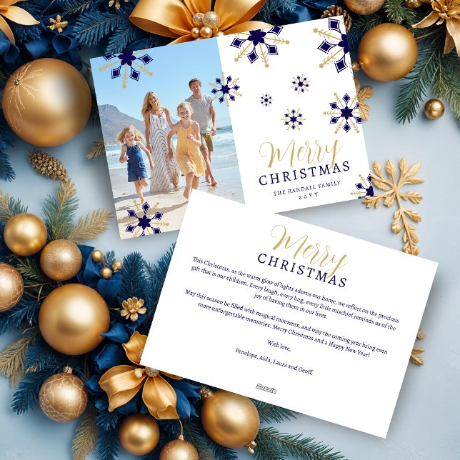 Cartão De Festividades Enchanting Christmas Dark Blue & Gold Snowflakes  (Enchanting Dark Blue & Faux Gold Snowflakes Merry Christmas Holidays Cards with Family Photo. )