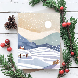 Cartão De Festividades Encosta Nevada   Inverno em Aquarela