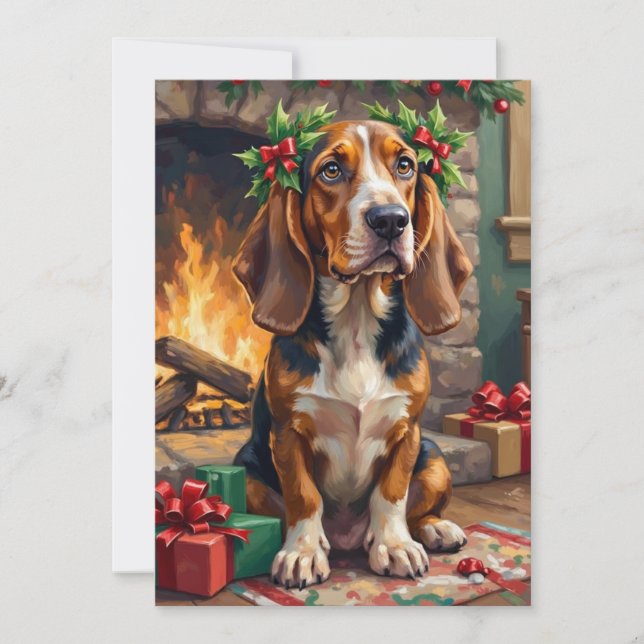 Cartão De Festividades Endearing Basset Hound Dog with Christmas Wreath (Frente)