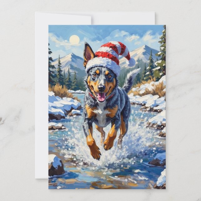 Cartão De Festividades Energetic Blue Heeler Dog Winter Creek Christmas (Frente)