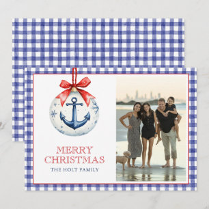 Cartão De Festividades Enfeite de Âncora de Natal Costeira Foto Gingham