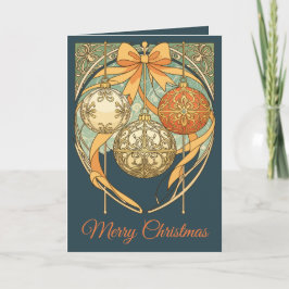 Cartão De Festividades Enfeite de Natal Vermelho Laranja Bege Art Nouveau