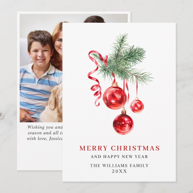 Cartão De Festividades Enfeite Vermelho Elegante Natal Saudação FOTO (Frente/Verso)