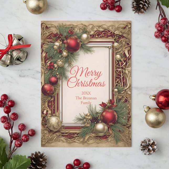 Cartão De Festividades Enfeites de Natal Antigos e Galhos de Pinheiro (Criador carregado)