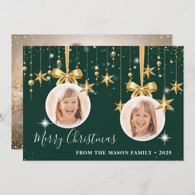 Cartão De Festividades Enfeites de natal divertido Foto verde Dourado (Frente/Verso)