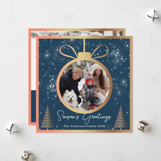 Cartão De Festividades Enfeites de natal Dourado azul de inverno 2 Foto (Frente/Verso In Situ)