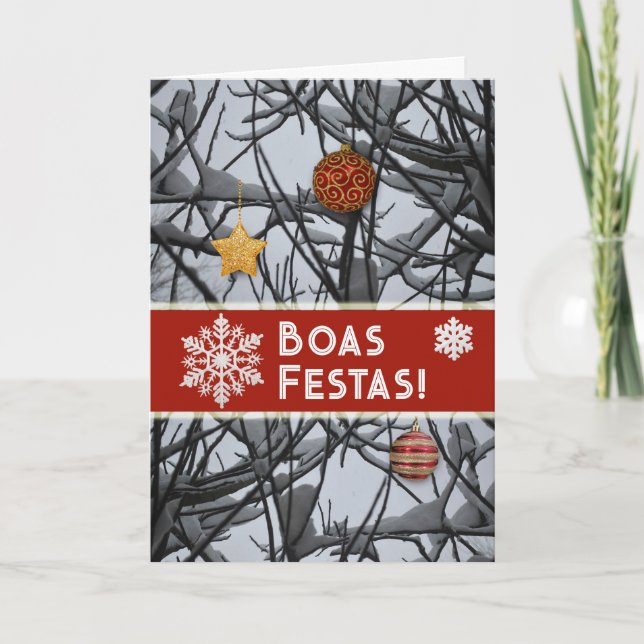 Cartão De Festividades Enfeites de natal portugueses em Sucursais de Neve (Frente)