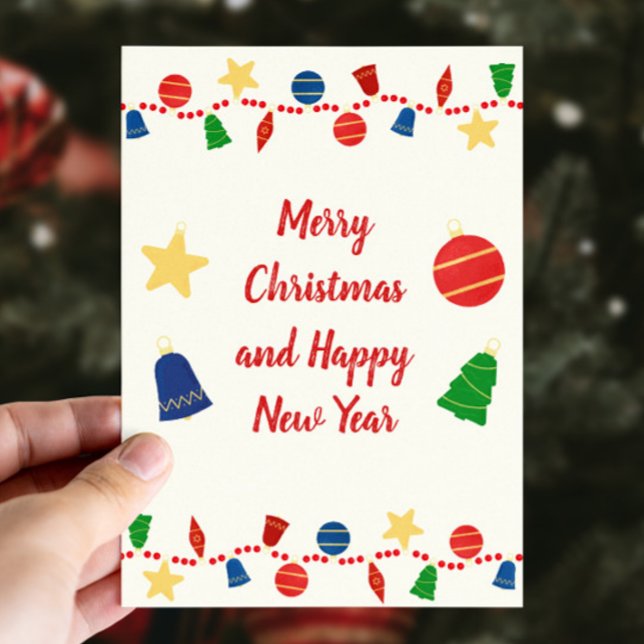 Cartão De Festividades Enfeites de natal retrógrados alegres (Cute retro custom Christmas card with vintage Christmas ornaments and red beaded garland)