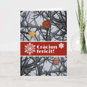 Cartão De Festividades Enfeites de natal romenos em Snowy Branches