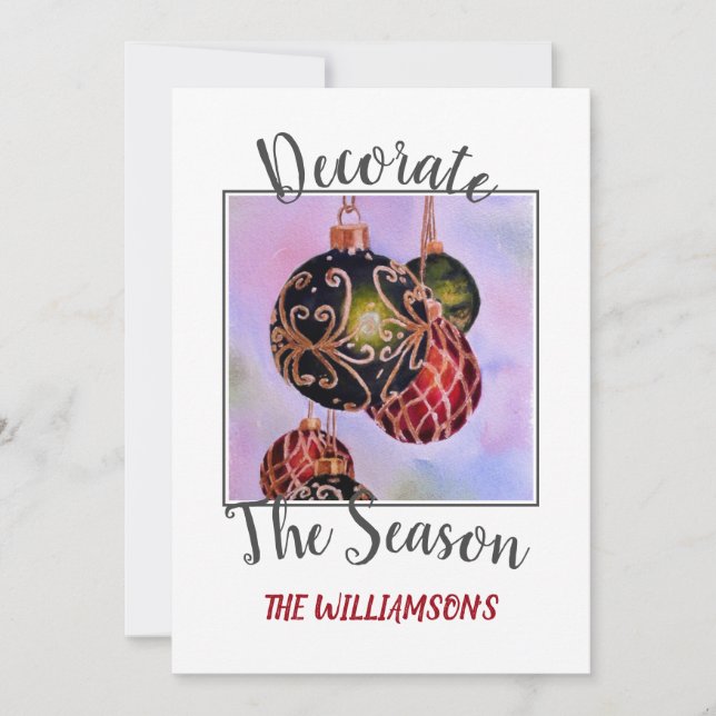 Cartão De Festividades Enfeites de natal vermelhos e verdes com foto (Frente)