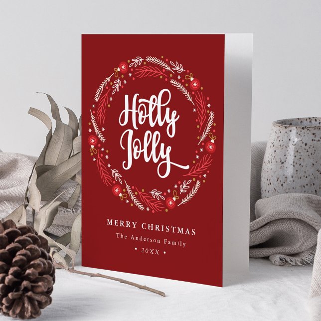 Cartão De Festividades Enfeites de natal Wreath Holly Jolly Não Foto (Criador carregado)