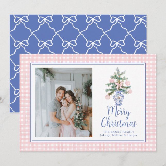 Cartão De Festividades Enfeites Rosa Préppy Árvore de Natal Aquarela (Frente/Verso)