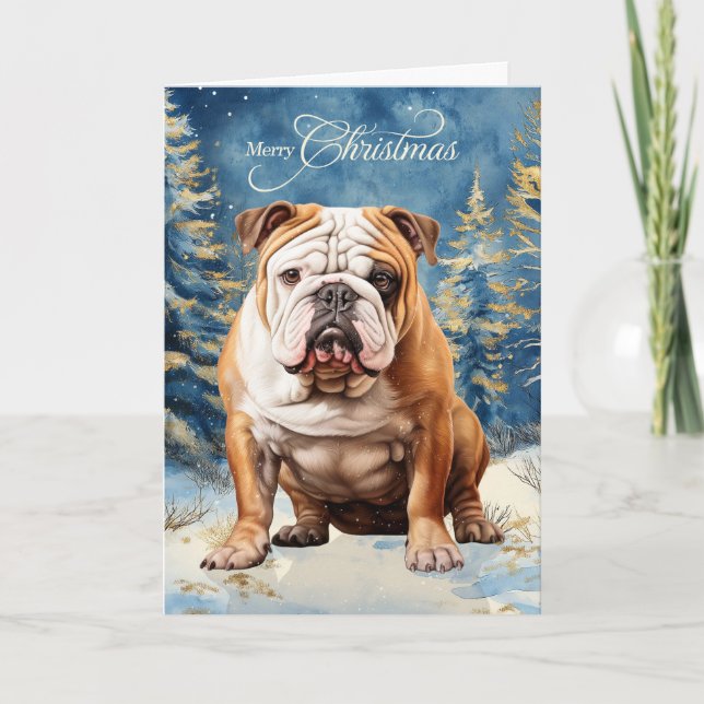 Cartão De Festividades English Bulldog Pine Winter Forest Christmas (Frente)