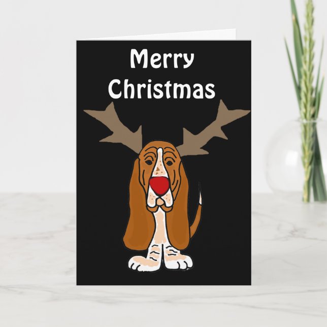 Cartão De Festividades Engraçado Basset Hound Christmas Reindeer (Frente)