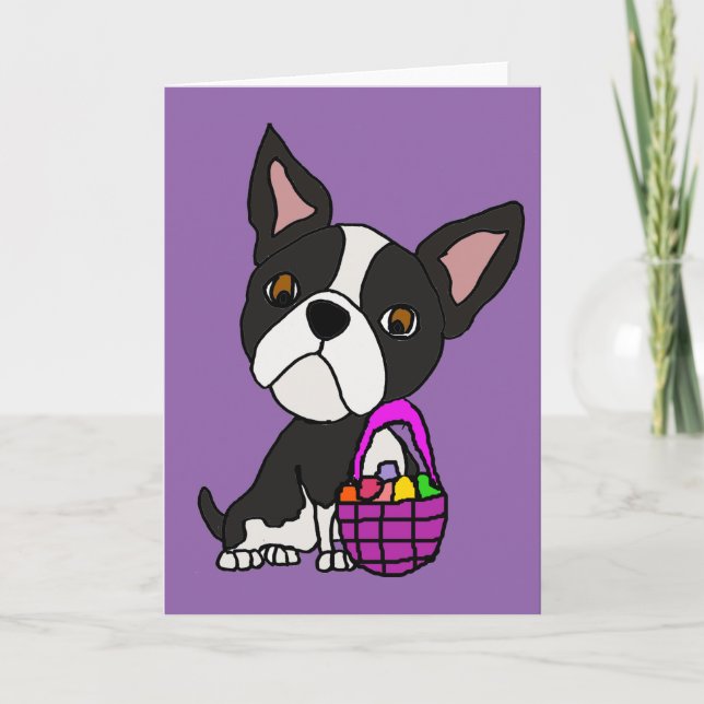 Cartão De Festividades Engraçado Boston Terrier Dog com Páscoa Basket (Frente)