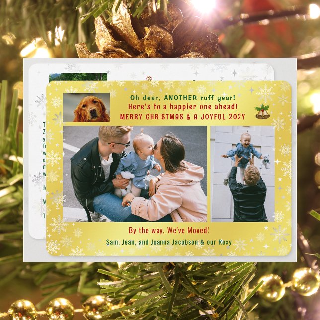Cartão De Festividades Engraçado Cachorro Ruff Ano Que Mudamos 4 Fotograf (Funny Pet Dog Another Ruff Year Christmas New Year We've Moved 5 Photos Elegant Golden Cute Letter)