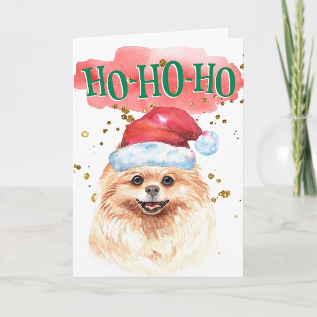 Cartão De Festividades Engraçado cão Pomeraniano Santa hat yappay (Frente)