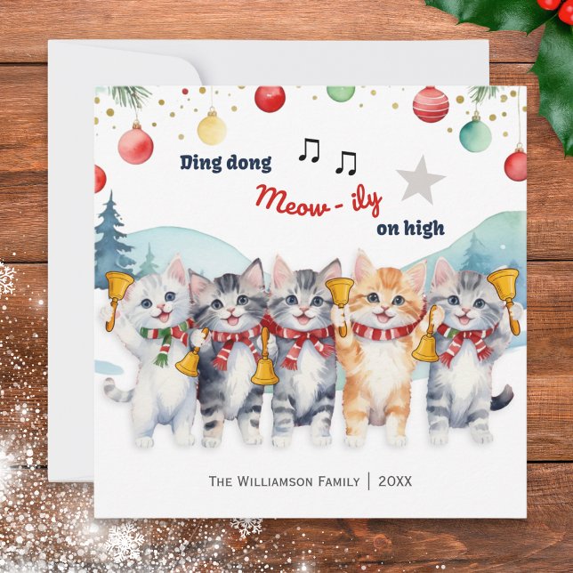 Cartão De Festividades Engraçado Cats Aquarela Choque Natal (A Christmas card featuring cats playing handbells, in a watercolor style)