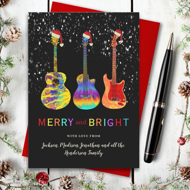 Cartão De Festividades Engraçado Feliz de Natal e Brilho (Christmas guitars wearing Santa hats Merry and Bright music themed custom holiday greetings card)