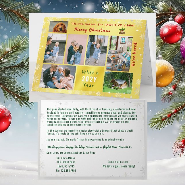 Cartão De Festividades Engraçado Gato 7 Fotos Colagem Movimentamos Ouro (Funny dog Christmas card, pawsitive humor. 7 Photos. We've moved letter. Elegant, golden. Cute Snow)