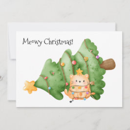 Cartão De Festividades Engraçado Gato Meowy Árvore de Natal Luzes Aquarel
