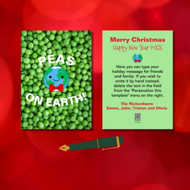 Cartão De Festividades Engraçado Natal "Ervilhas na Terra" Punny Cute Mod (Spread holiday cheer with this funny, punny, cute "Peas on Earth" Christmas card! )