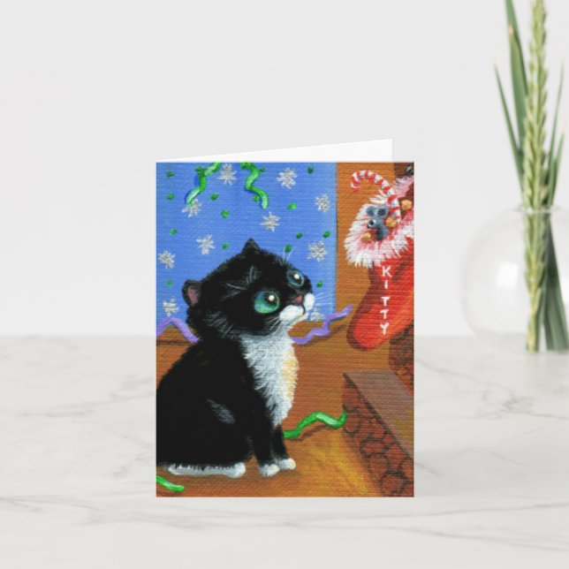 Cartão De Festividades Engraçado Natal Tuxedo Black Cat Creationarts (Frente)