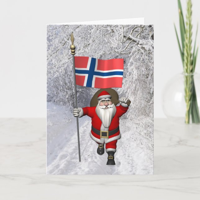 Cartão De Festividades Engraçado Papai Noel Com Bandeira Da Noruega (Frente)
