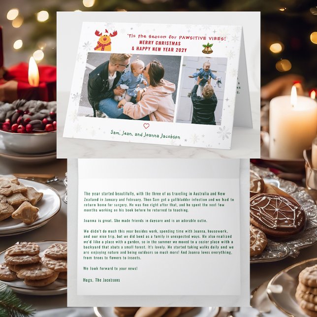Cartão De Festividades Engraçado Pawsitive Rudolph 2 Fotos Moderna Minima (Cute Elegant Funny Rudolph Pawsitive Vibes Merry Xmas Happy New Year 2 Photos Snowflakes Letter)