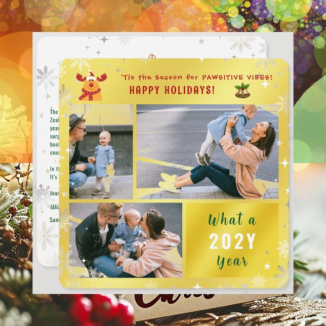 Cartão De Festividades Engraçado Rudolph Cute Feliz Férias Ouro 3 Foto (Cute Funny Rudolph Pawsitive Vibes Happy Holidays 'Tis the Season 3 Photos Golden What a Year Letter)