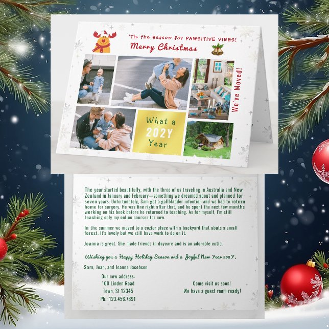 Cartão De Festividades Engraçado Rudolph Movemos 5 Fotos Modernas Elegant (Funny Rudolph Pawsitive Vibes We've Moved Christmas Card. 5 Photos. Elegant. Festive Snow. Letter)