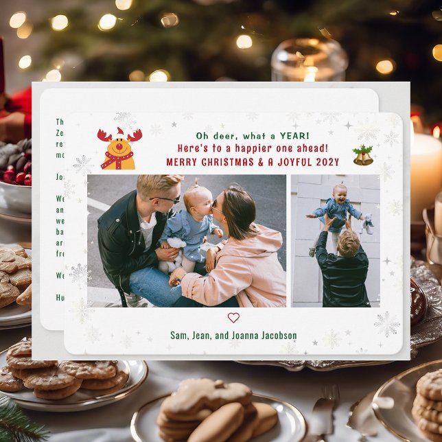 Cartão De Festividades Engraçado Rudolph Oh Deer Feliz Foto De Natal Boni (Cute Funny Modern Oh Deer What a Year Rudolph Snow Merry Christmas Joyful New Year 2 Photos Letter)