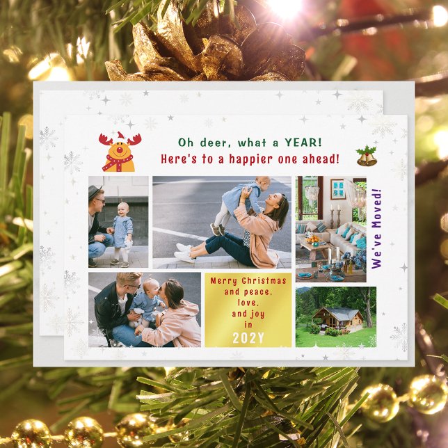 Cartão De Festividades Engraçado Rudolph Oh Deer Movimentamos 5 Fotos Mod (Funny Cute We've Moved Christmas Card with Rudolph. Oh deer, what a year. 5 Photos. Peace Love Joy)