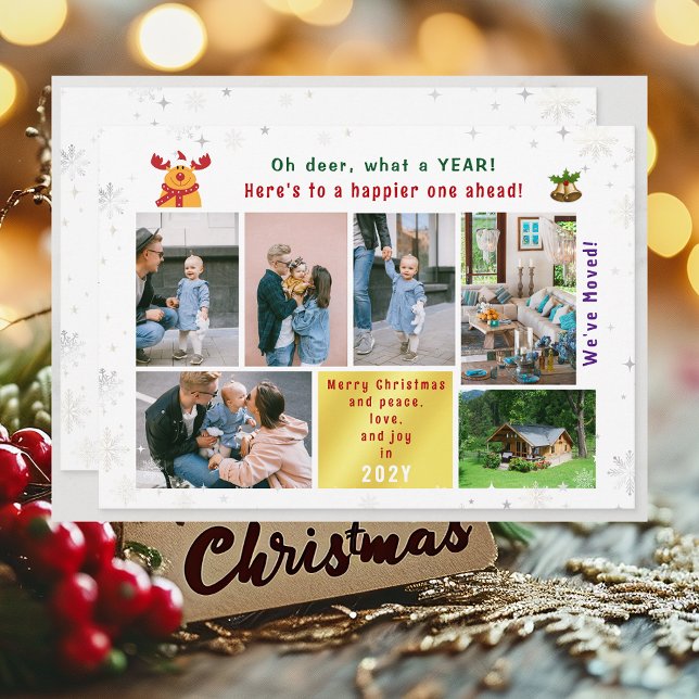 Cartão De Festividades Engraçado Rudolph Oh Deer Mudamos 6 Fotos Modernas (Funny Cute We've Moved Christmas Card with Rudolph. Oh deer, what a year. 6 Photos. Peace Love Joy)